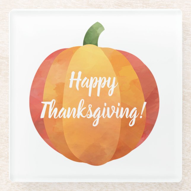 Happy Thanksgiving Pumpkin Watercolor Glass Coaster (Front)