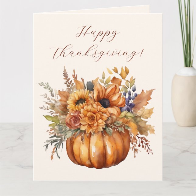 Happy Thanksgiving-Pumpkin with Flowers- Card (Front)