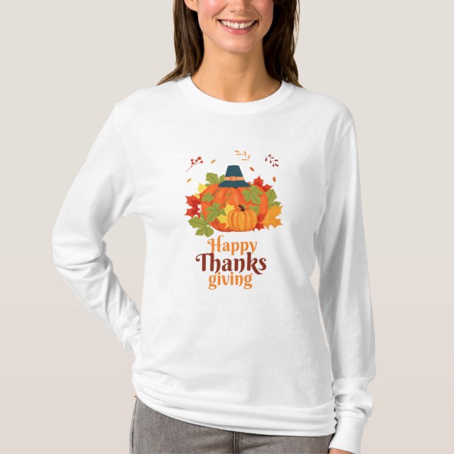 Happy Thanksgiving Pumpkin with Hats  and Leave T-Shirt (Front)