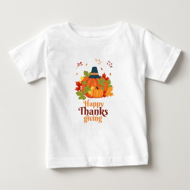 Happy Thanksgiving Pumpkin with Hats  and Leaves Baby T-Shirt (Front)