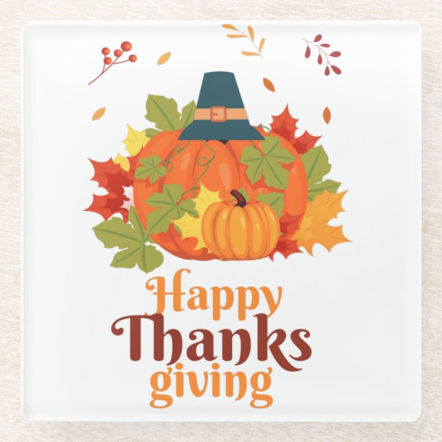 Happy Thanksgiving Pumpkin with Hats  and Leaves  Glass Coaster (Front)