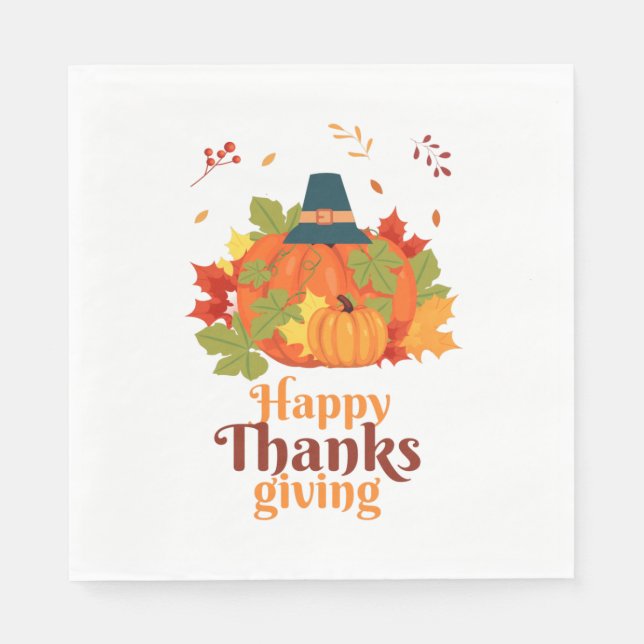 Happy Thanksgiving Pumpkin with Hats  and Leaves  Napkin (Front)