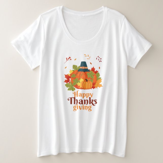 Happy Thanksgiving Pumpkin with Hats  and Leaves Plus Size T-Shirt (Design Front)