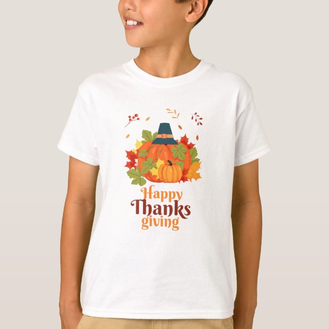 Happy Thanksgiving Pumpkin with Hats  and Leaves T-Shirt (Front)