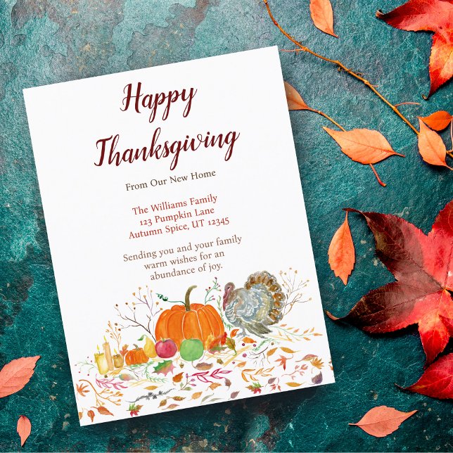 Happy Thanksgiving Pumpkin With Turkey Moving Announcement Postcard (Thanksgiving joy meets your new address in this festive, customizable postcard.)