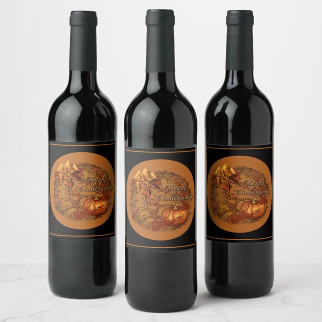 Happy Thanksgiving Pumpkin Wreath Wine Label (Bottles)