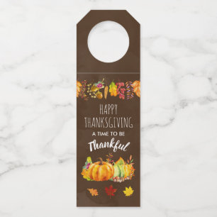 Happy Thanksgiving Pumpkins and Autumn Foliage Bottle Tag