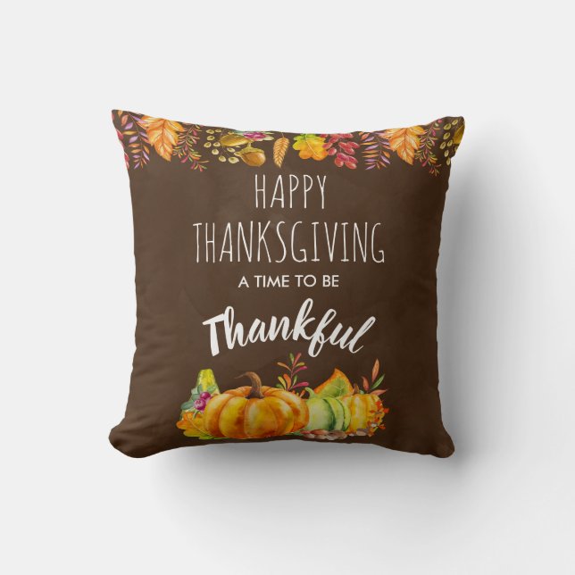 Happy Thanksgiving Pumpkins and Autumn Foliage Cushion (Front)