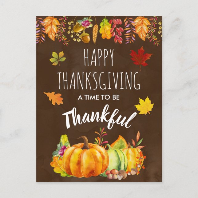 Happy Thanksgiving Pumpkins and Autumn Foliage Holiday Postcard (Front)