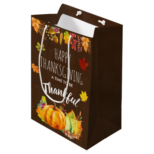 Happy Thanksgiving Pumpkins and Autumn Foliage Medium Gift Bag (Front Angled)