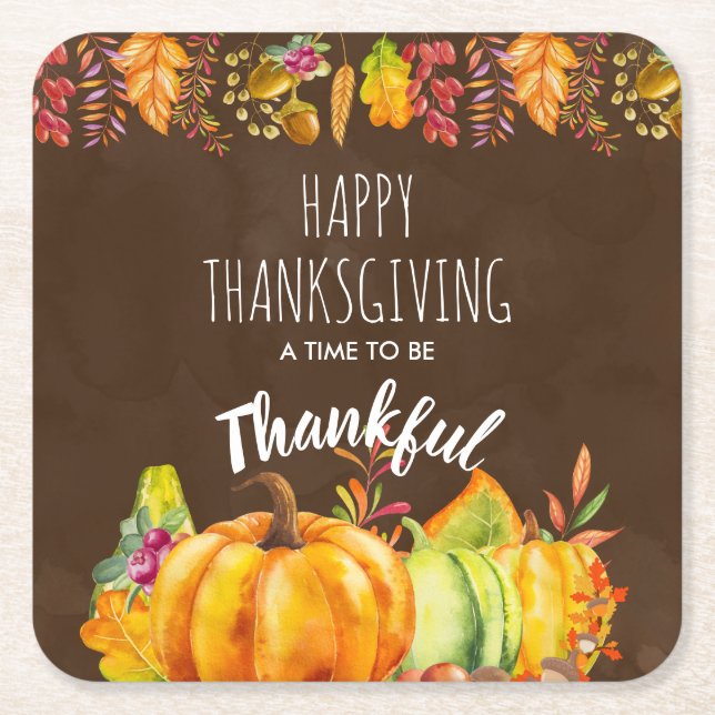Happy Thanksgiving Pumpkins and Autumn Foliage Square Paper Coaster (Front)
