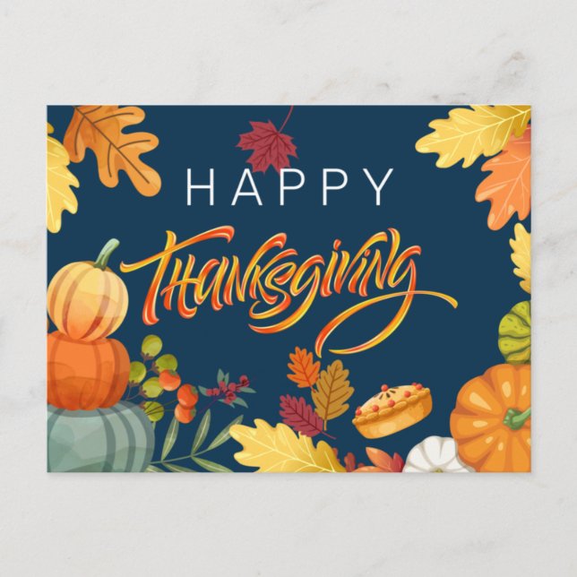Happy Thanksgiving Pumpkins, Berries and Leaves Holiday Postcard (Front)