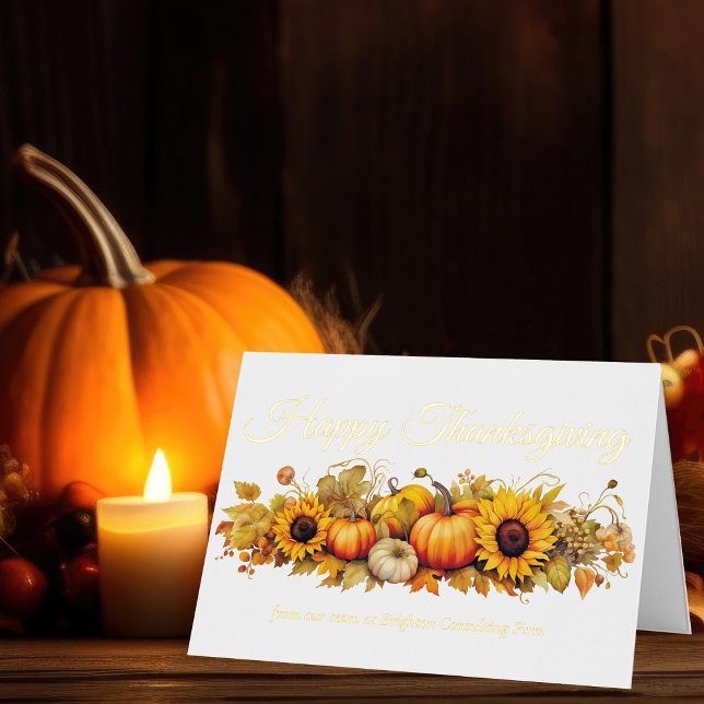 Happy Thanksgiving Pumpkins Custom Company Gold Foil Holiday Card (Creator Uploaded)