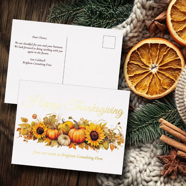 Happy Thanksgiving Pumpkins Custom Company Gold Foil Holiday Postcard (Creator Uploaded)