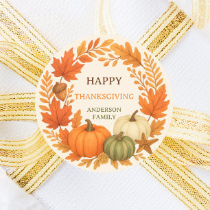 Happy Thanksgiving pumpkins fall foliage beige Classic Round Sticker