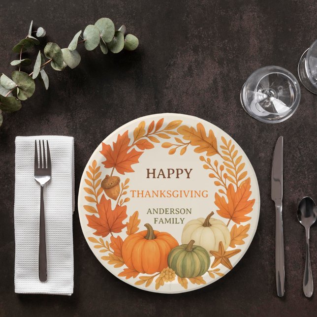 Happy Thanksgiving pumpkins fall foliage beige Paper Plate (Creator Uploaded)