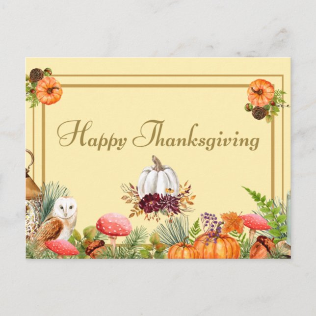 Happy Thanksgiving Pumpkins, Forest Mushrooms, Owl Postcard (Front)