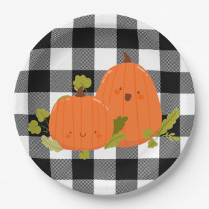 Happy Thanksgiving Pumpkins On Plaid Paper Plate