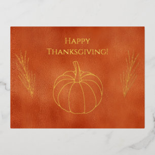 Happy Thanksgiving Pumpkins Wheat Orange Foil Holiday Postcard