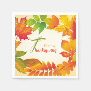 Happy Thanksgiving Quote Fall Leaves Wreath Paper Napkin