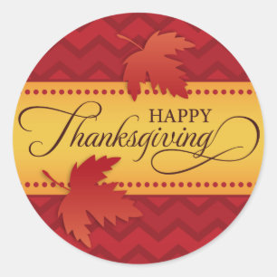 Happy Thanksgiving red chevron pattern autumn leaf Classic Round Sticker