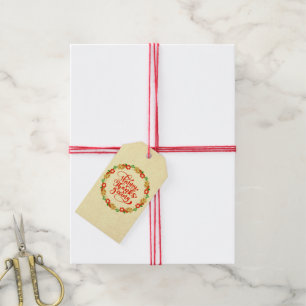 Happy Thanksgiving Red Gold Wreath Gift Tags