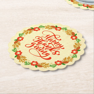 Happy Thanksgiving Red Gold Wreath Paper Coaster