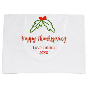 Happy Thanksgiving red green leaves cherry name ye Large Gift Bag