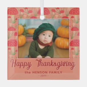 Happy Thanksgiving Red Mushroom Fall Photo Glass Tree Decoration