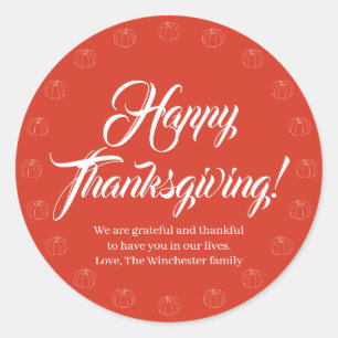 Happy Thanksgiving red script text cute pumpkin Classic Round Sticker
