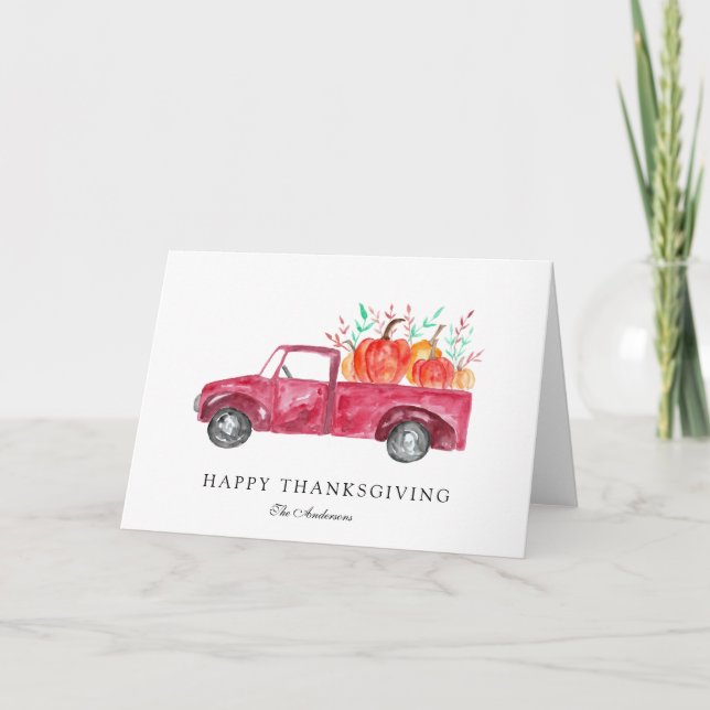 Happy Thanksgiving Red Truck Fall Pumpkin Harvest Holiday Card (Front)