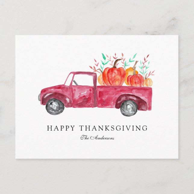 Happy Thanksgiving Red Truck Fall Pumpkin Harvest  Holiday Postcard (Front)