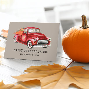 Happy Thanksgiving Red Truck Pumpkins Photo Holiday Card