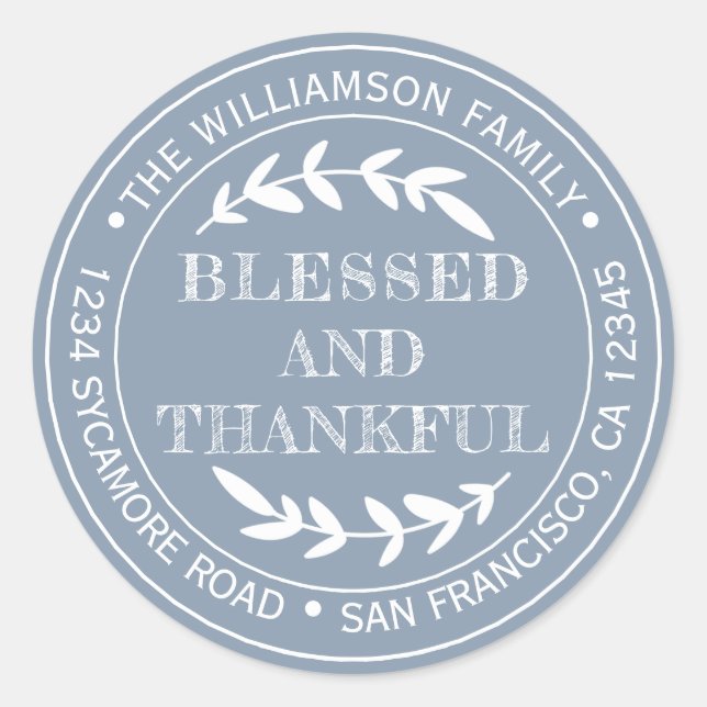Happy Thanksgiving Return Address Dusty Blue Classic Round Sticker (Front)
