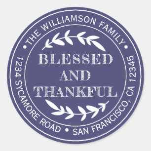 Happy Thanksgiving Return Address Navy Blue Classic Round Sticker