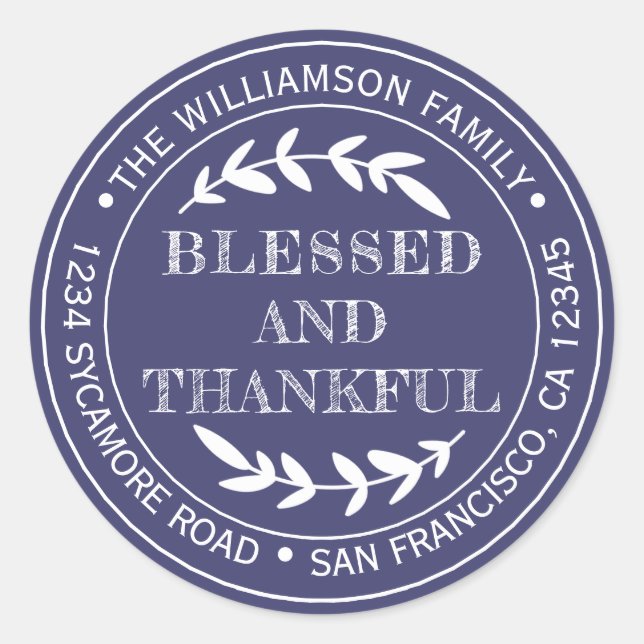 Happy Thanksgiving Return Address Navy Blue Classic Round Sticker (Front)