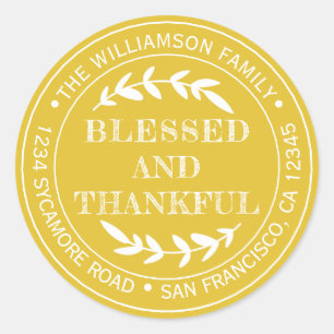 Happy Thanksgiving Return Address Yellow Classic Round Sticker