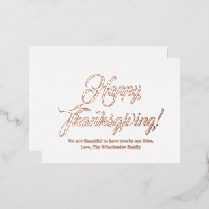 Happy Thanksgiving rose gold custom script elegant Foil Holiday Postcard