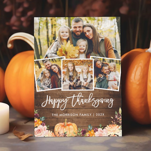 Happy Thanksgiving Rustic Autumn Floral Photo Card (Creator Uploaded)
