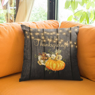 Happy Thanksgiving rustic pumpkin floral wood Cushion