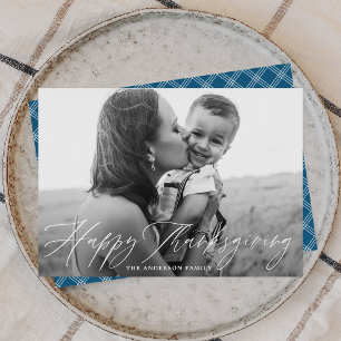 Happy Thanksgiving Script Blue Plaid Photo Holiday Card