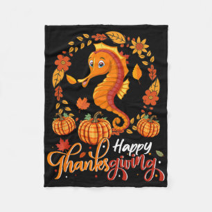 Happy Thanksgiving Seahorse In Leaves Pumpkins Flo Fleece Blanket