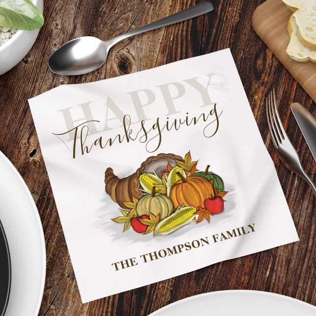 Happy Thanksgiving Simple Autumn Harvest Custom Napkin (Happy Thanksgiving cornucopia custom Holiday paper napkin, )
