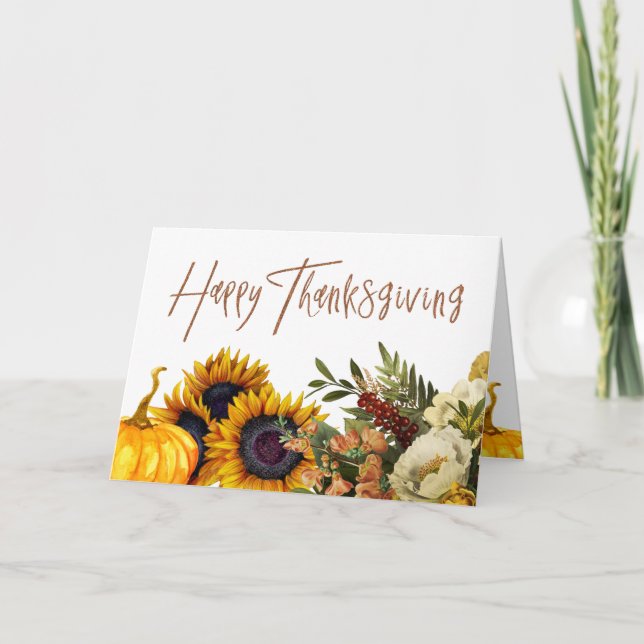 Happy Thanksgiving sunflowers pumpkin Thanksgiving Holiday Card (Front)
