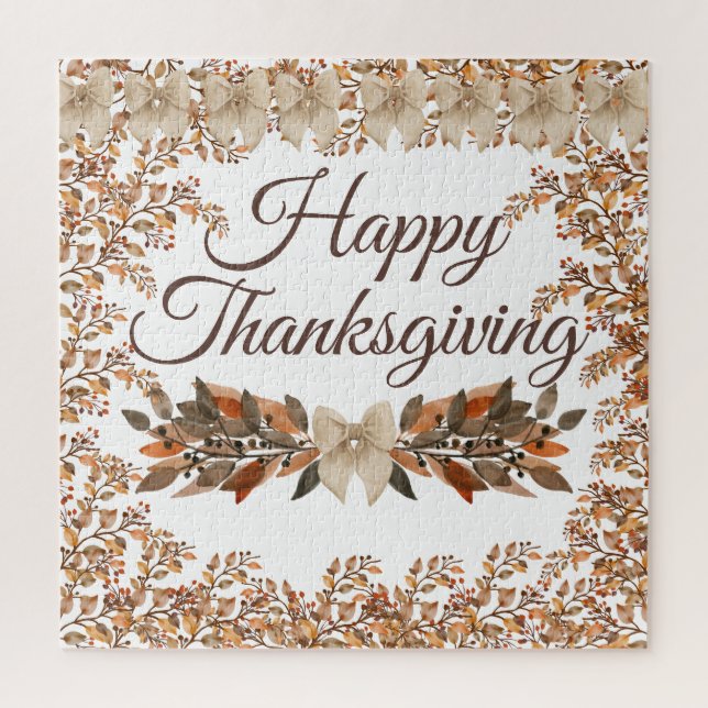 “Happy Thanksgiving” Taupe Leaves Fall Puzzle (Vertical)