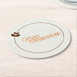 Happy Thanksgiving text leaf circle Round Paper Coaster