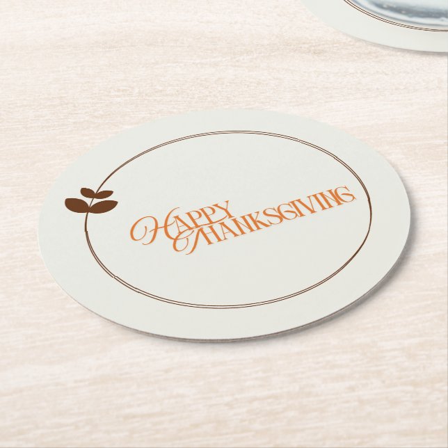 Happy Thanksgiving text leaf circle Round Paper Coaster (Angled)