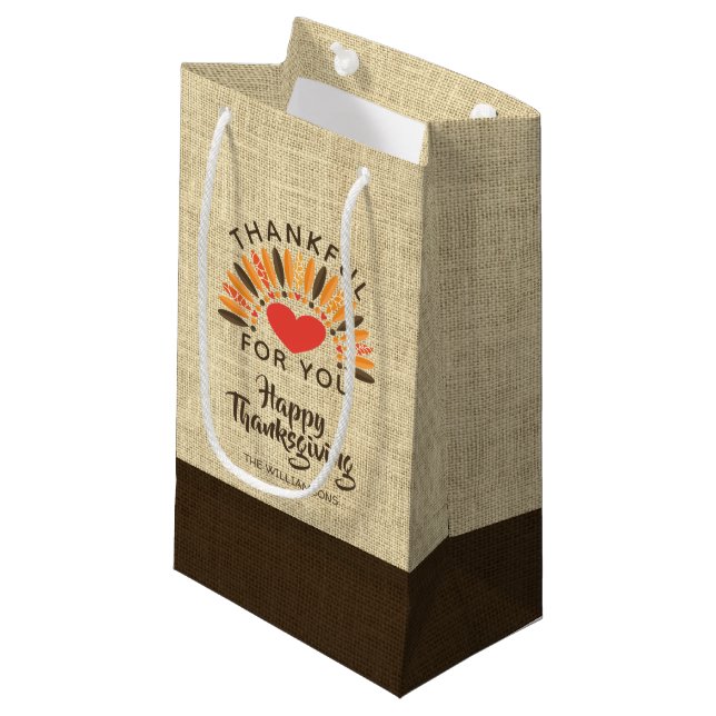 Happy Thanksgiving THANKFUL FOR YOU Burlap Small Gift Bag (Front Angled)