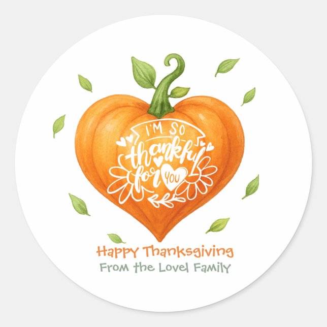 Happy Thanksgiving Thankful Heart Pumpkin  Classic Round Sticker (Front)