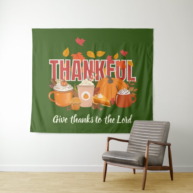 Happy Thanksgiving THANKFUL Pumpkin Christian Tapestry (In Situ (Horizontal))